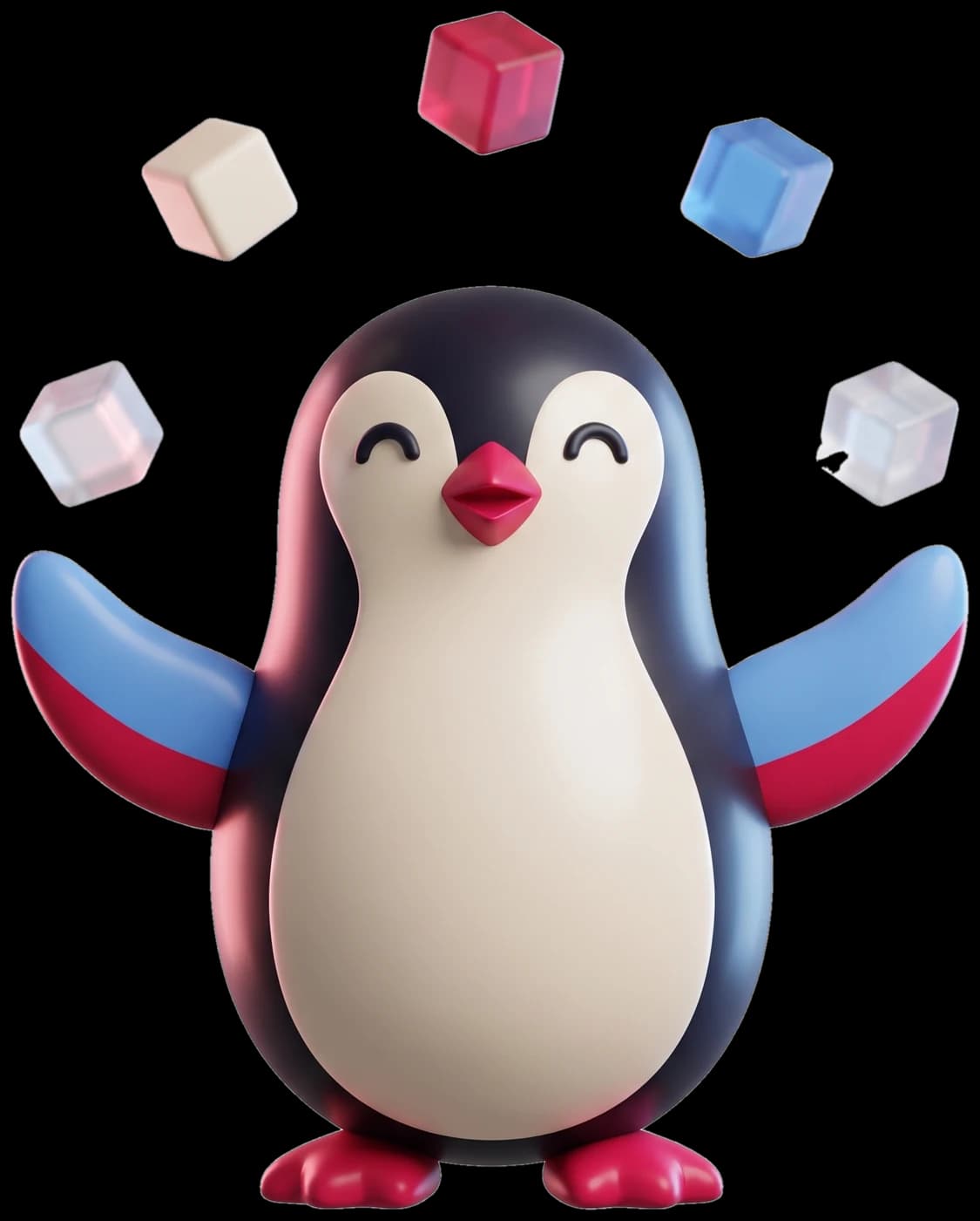 Paxo, the Paragon Labs penguin, juggling building blocks