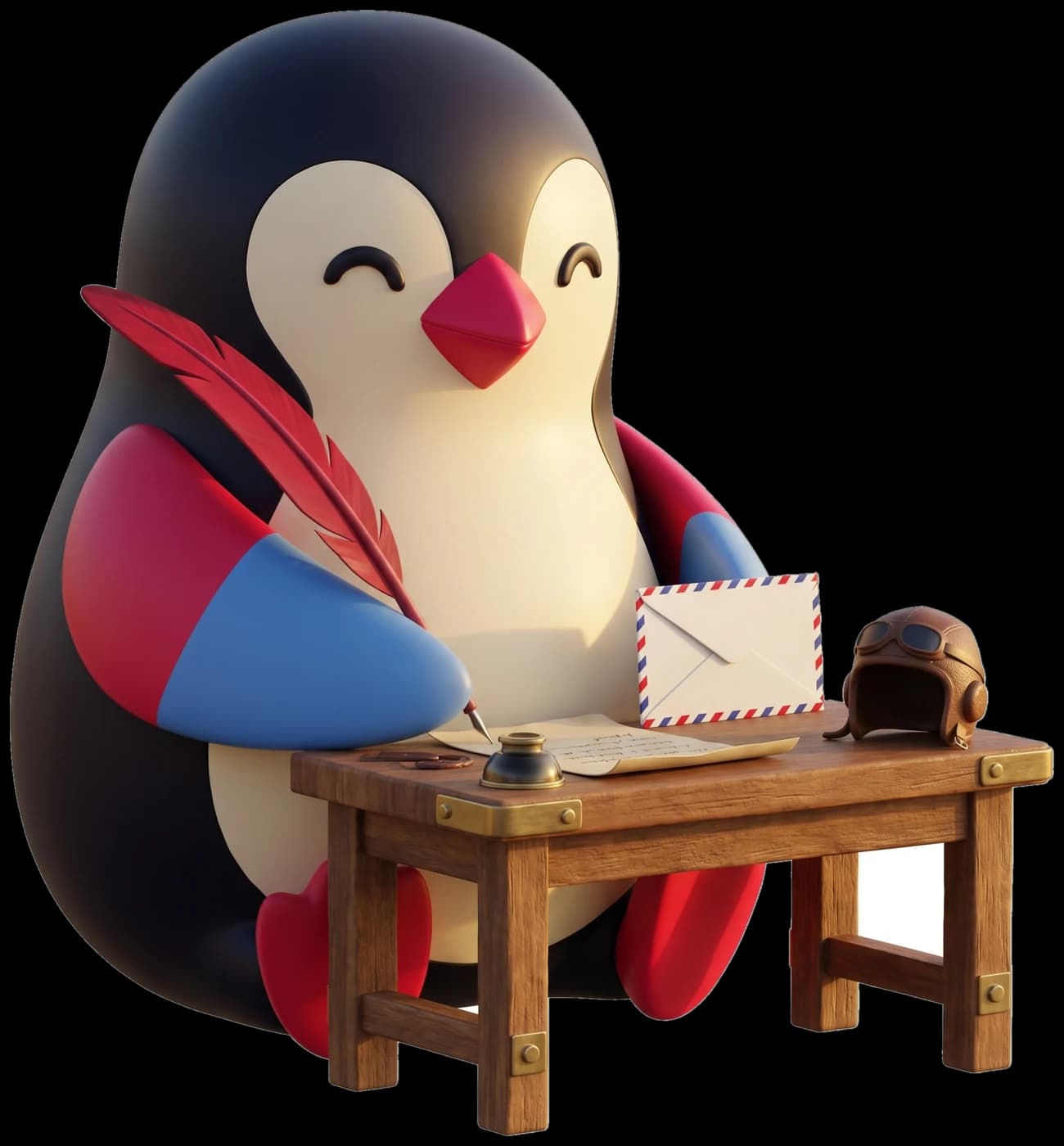 Paxo the penguin writing with a quill