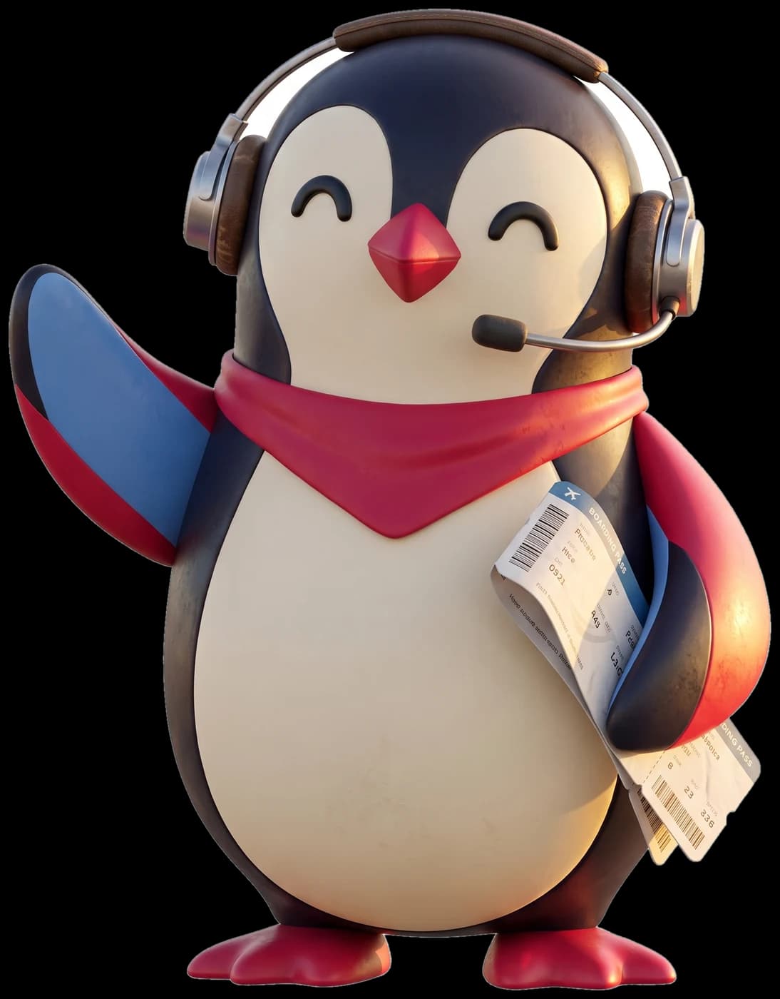 Paxo the penguin wearing a headset