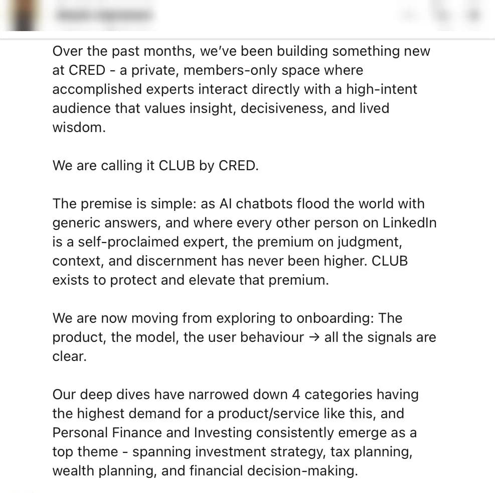 CRED invited her to join CLUB by CRED as one of its first experts