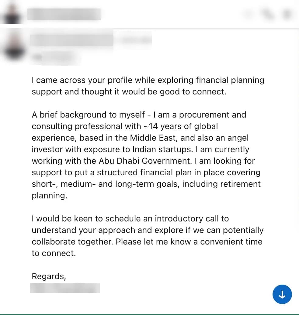 A consultant with 14 years’ experience asked for an introductory call about a financial plan