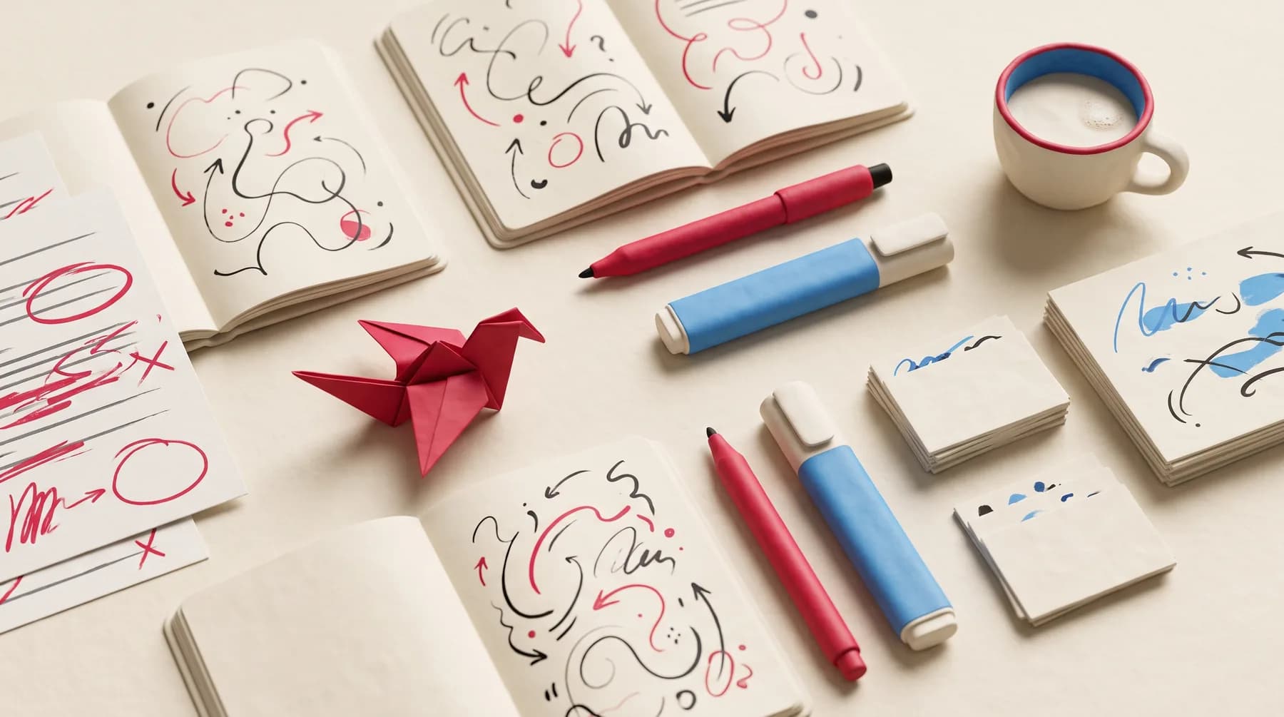 A content strategist’s desk with edited drafts and a paper bird